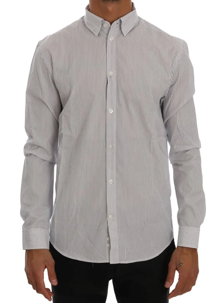 Frankie Morello Men's Elegant White & Blue Striped Casual Shirt