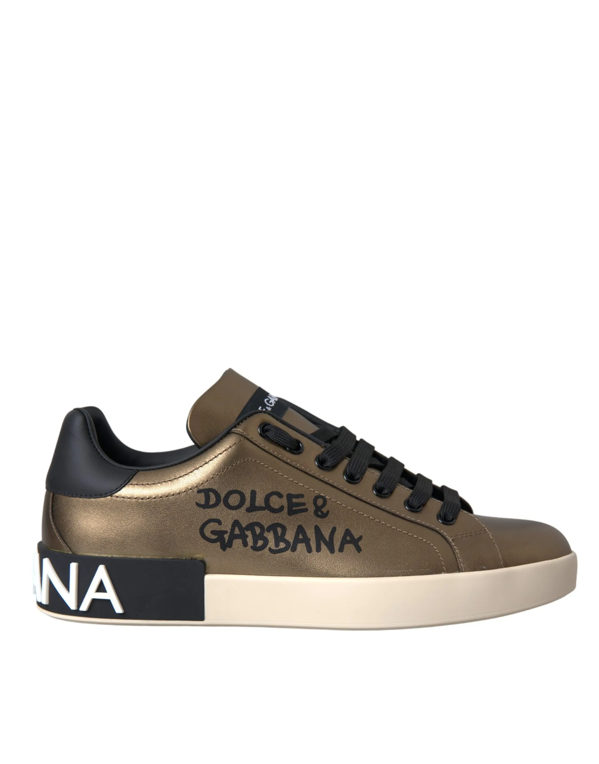 Dolce & Gabbana Men's Gold Black Portofino Calf Leather Sneakers Shoes