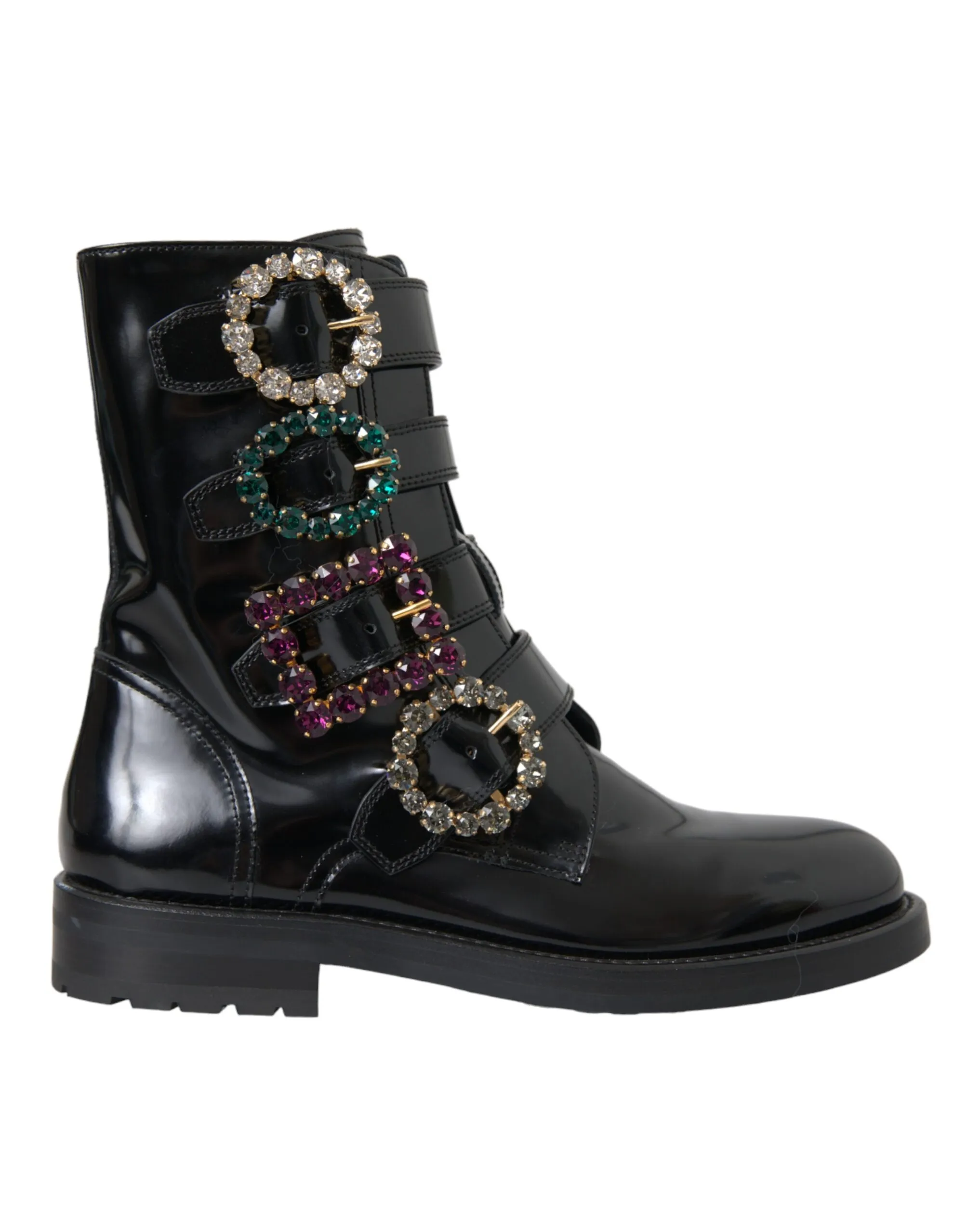 Dolce & Gabbana Women's Black Leather Crystal Buckles Boots Shoes