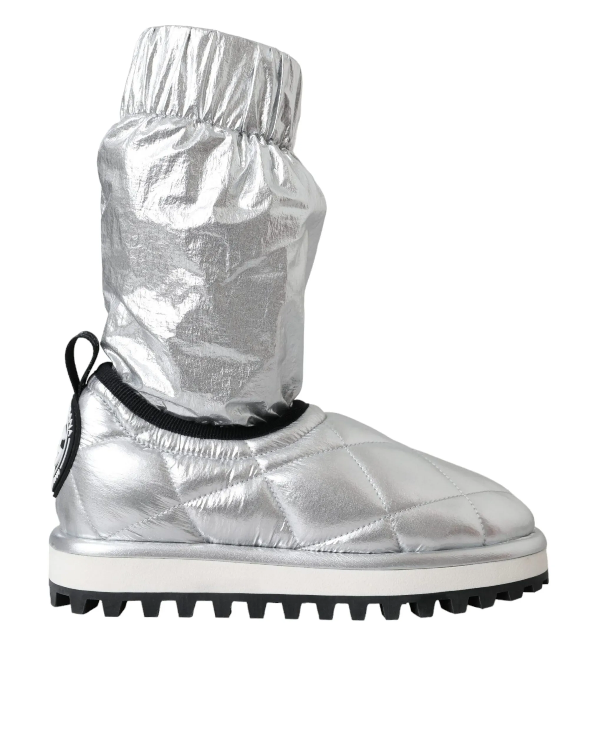 Dolce & Gabbana Women's Metallic Silver Quilted Logo Patch Boot Shoes