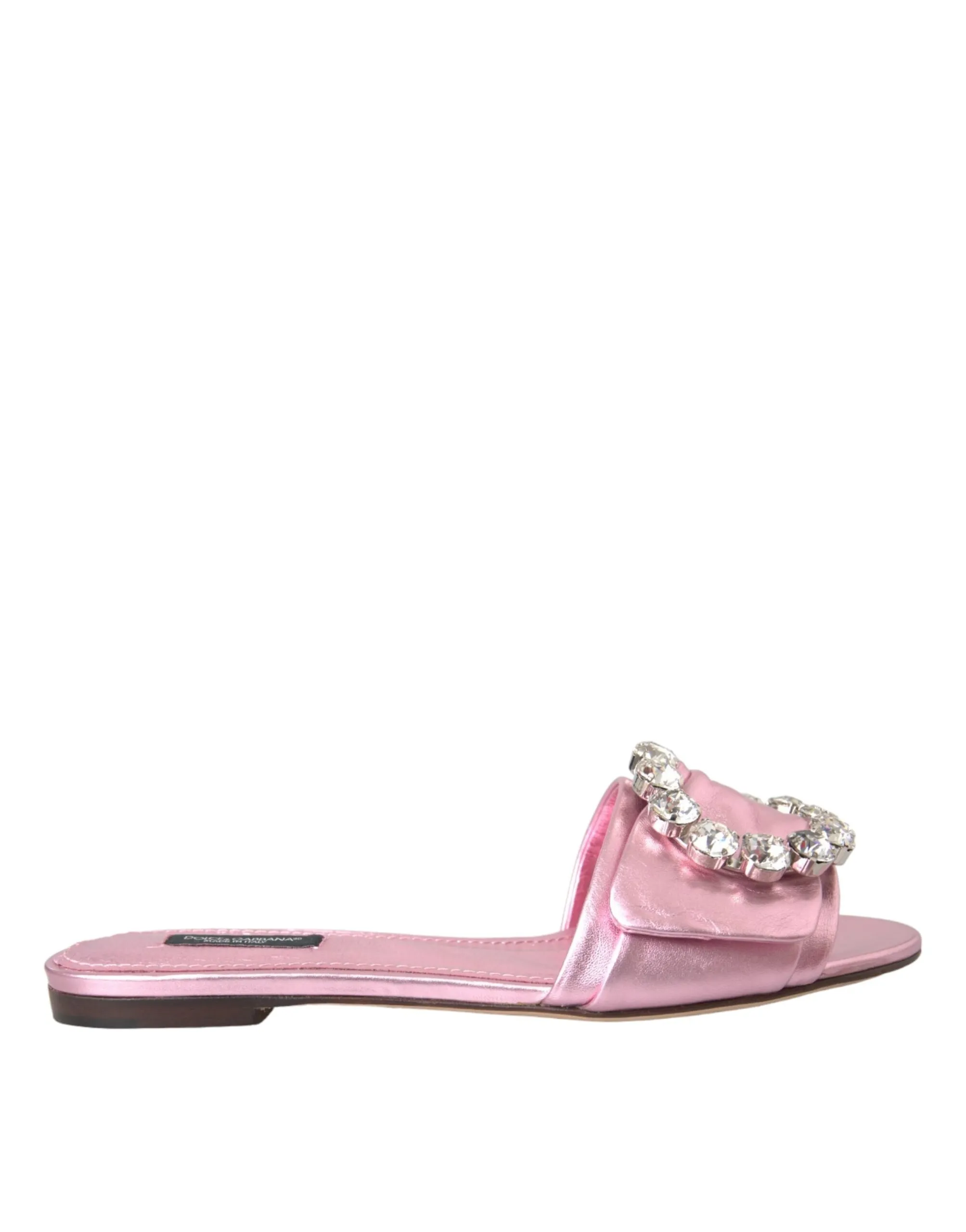 Dolce & Gabbana Women's Pink Crystal Leather Flats Sandals Shoes