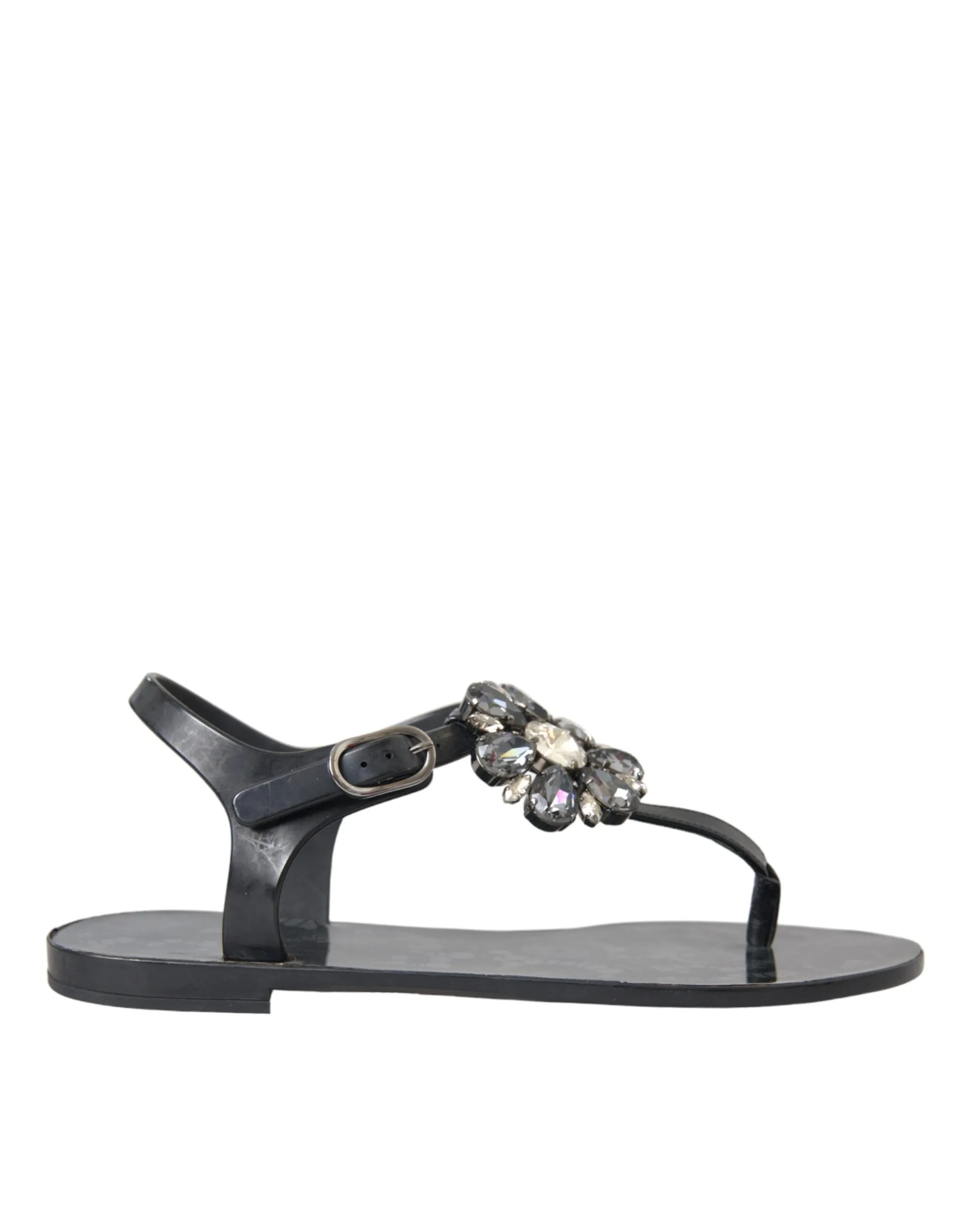 Dolce & Gabbana Women's Black Crystal Flats Sandals Flip Flops Shoes