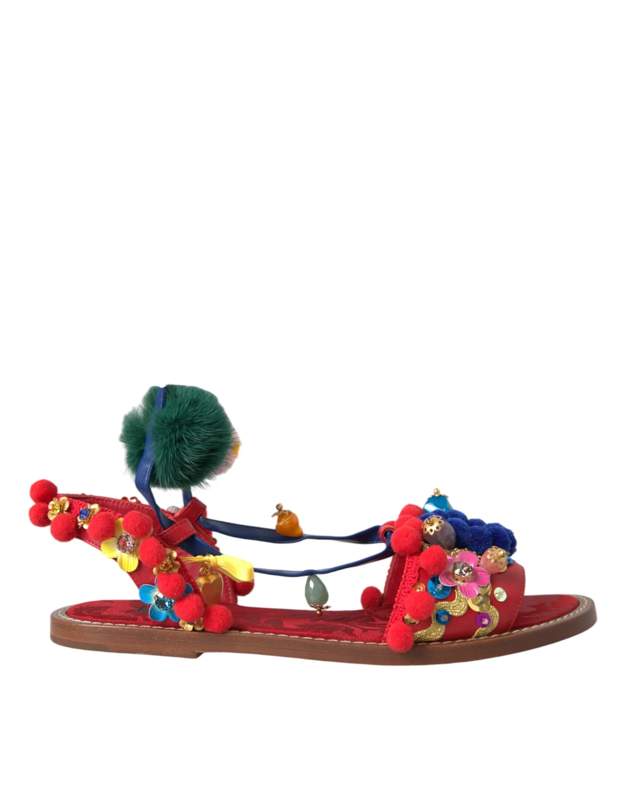 Dolce & Gabbana Women's Multicolor Pom Pom Fur Wrap Sandals Shoes