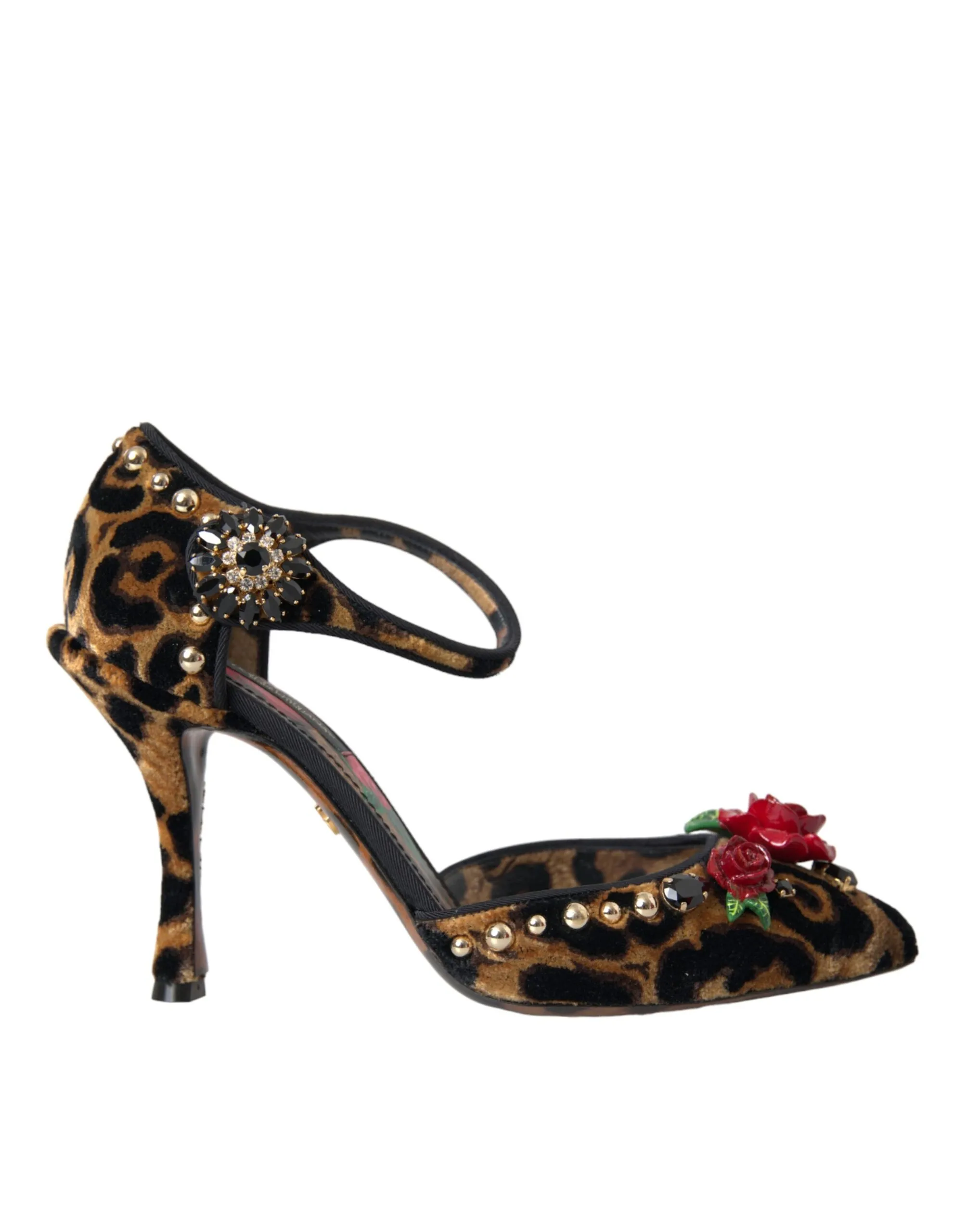 Dolce & Gabbana Women's Brown Leopard Floral Crystal Mary Janes Pumps Shoes
