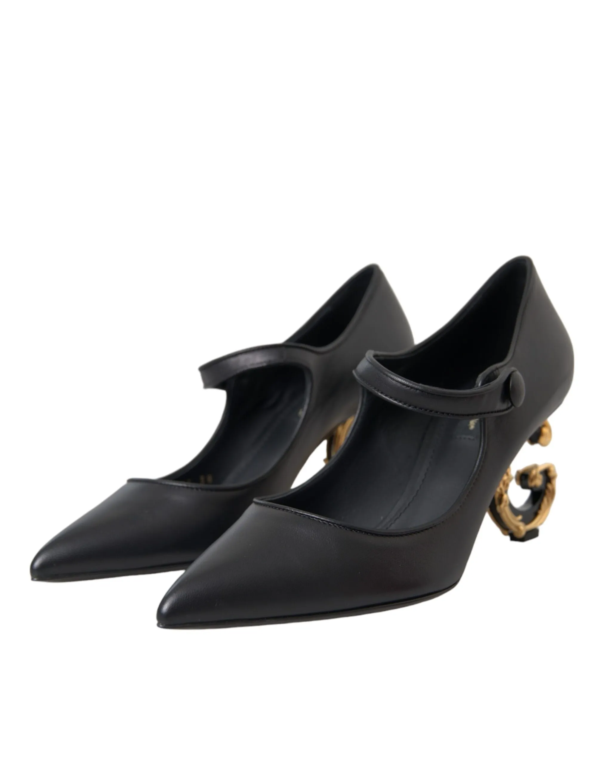 Dolce & Gabbana Women's Black Leather Logo Heels Mary Janes Pumps Shoes