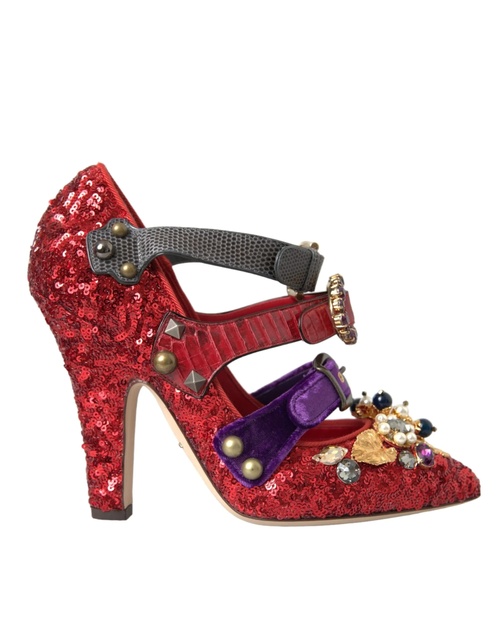 Dolce & Gabbana Women's Red Sequined Crystal Mary Janes Pumps Shoes