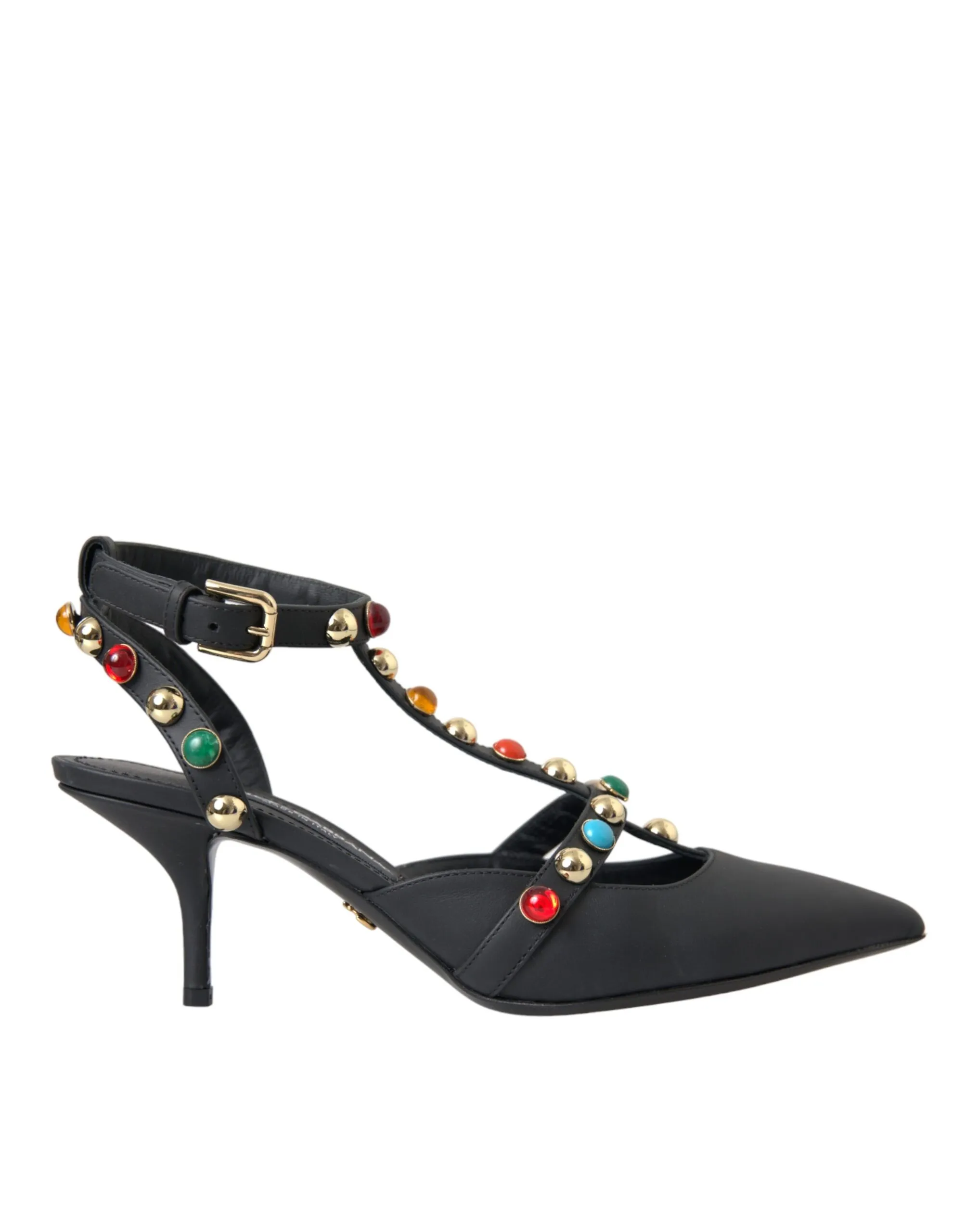 Dolce & Gabbana Women's Black Leather Embellished Heels Sandal Shoes
