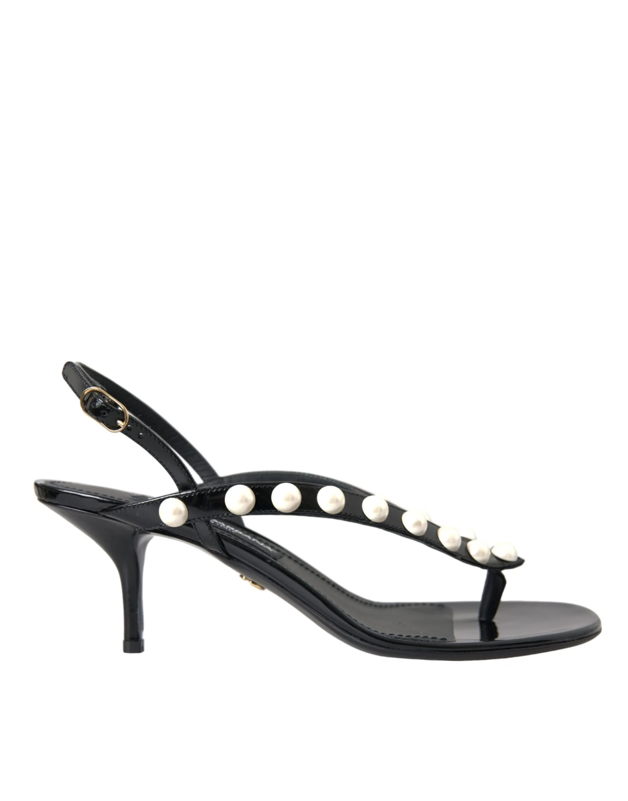 Dolce & Gabbana Women's Black Leather Faux Pearl Heel Sandals Shoes