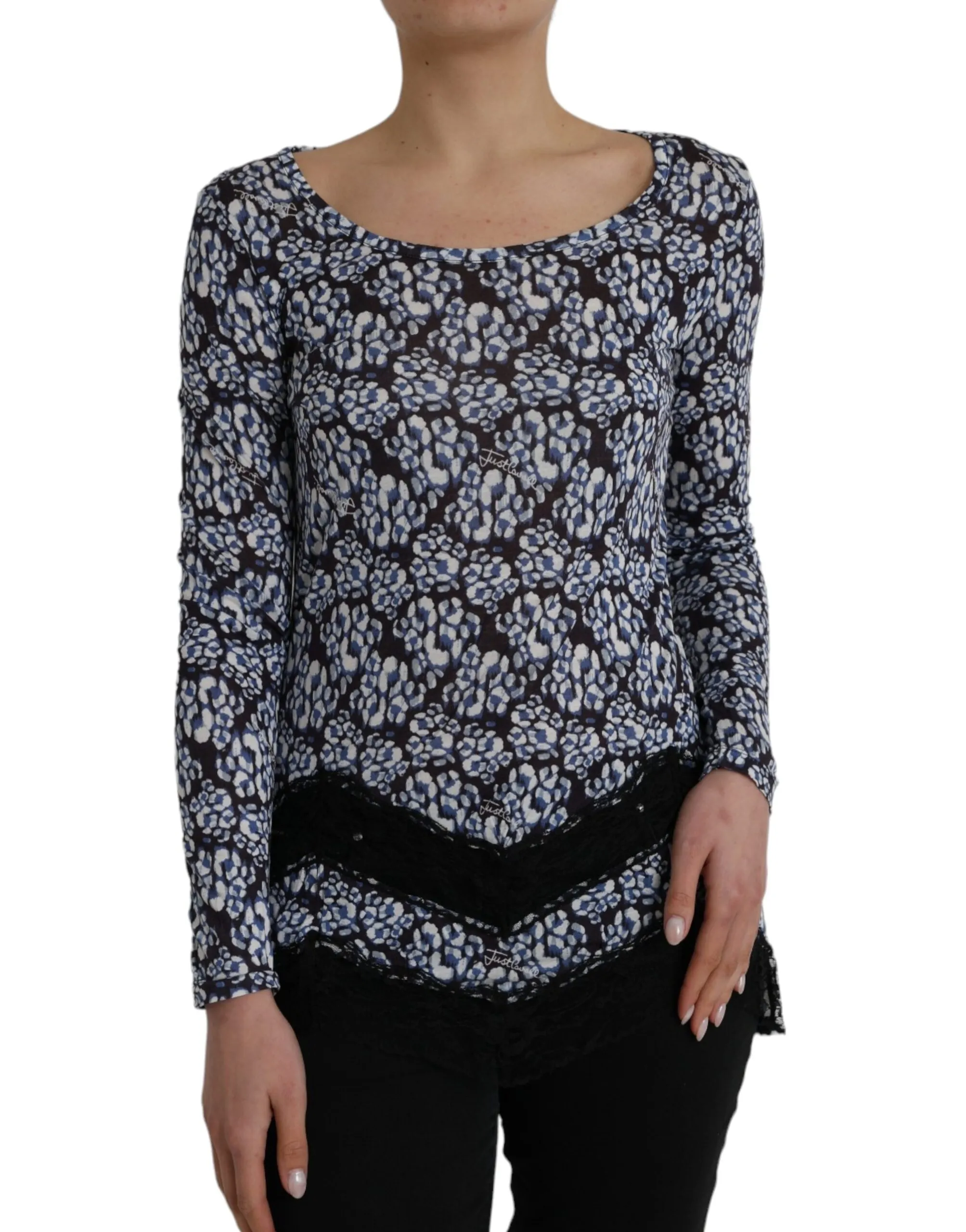 Just Cavalli Women's Blue Floral Lace Long Sleeves Top Underwear Blouse