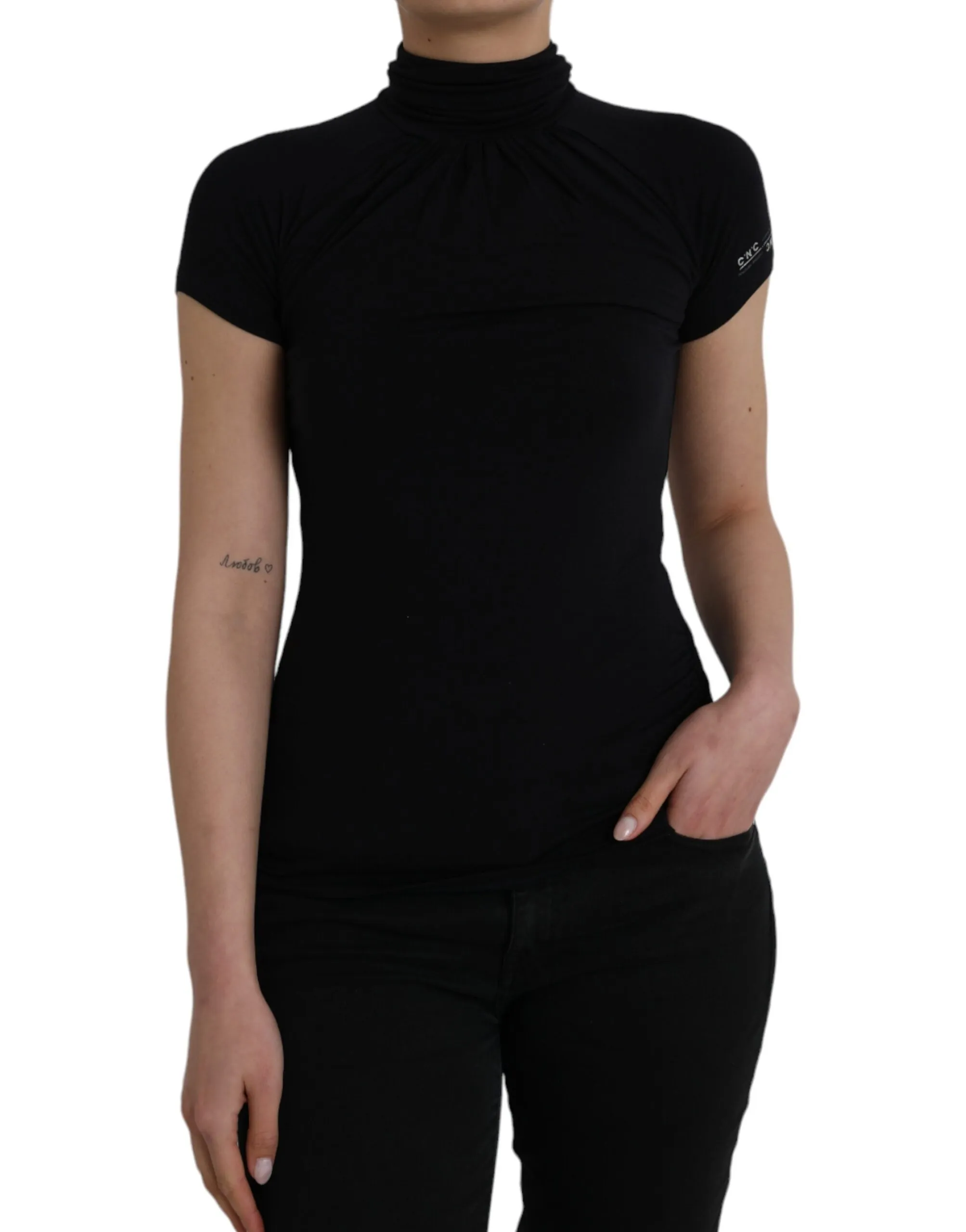 Costume National Women's Black Turtleneck Viscose Short Sleeve Top