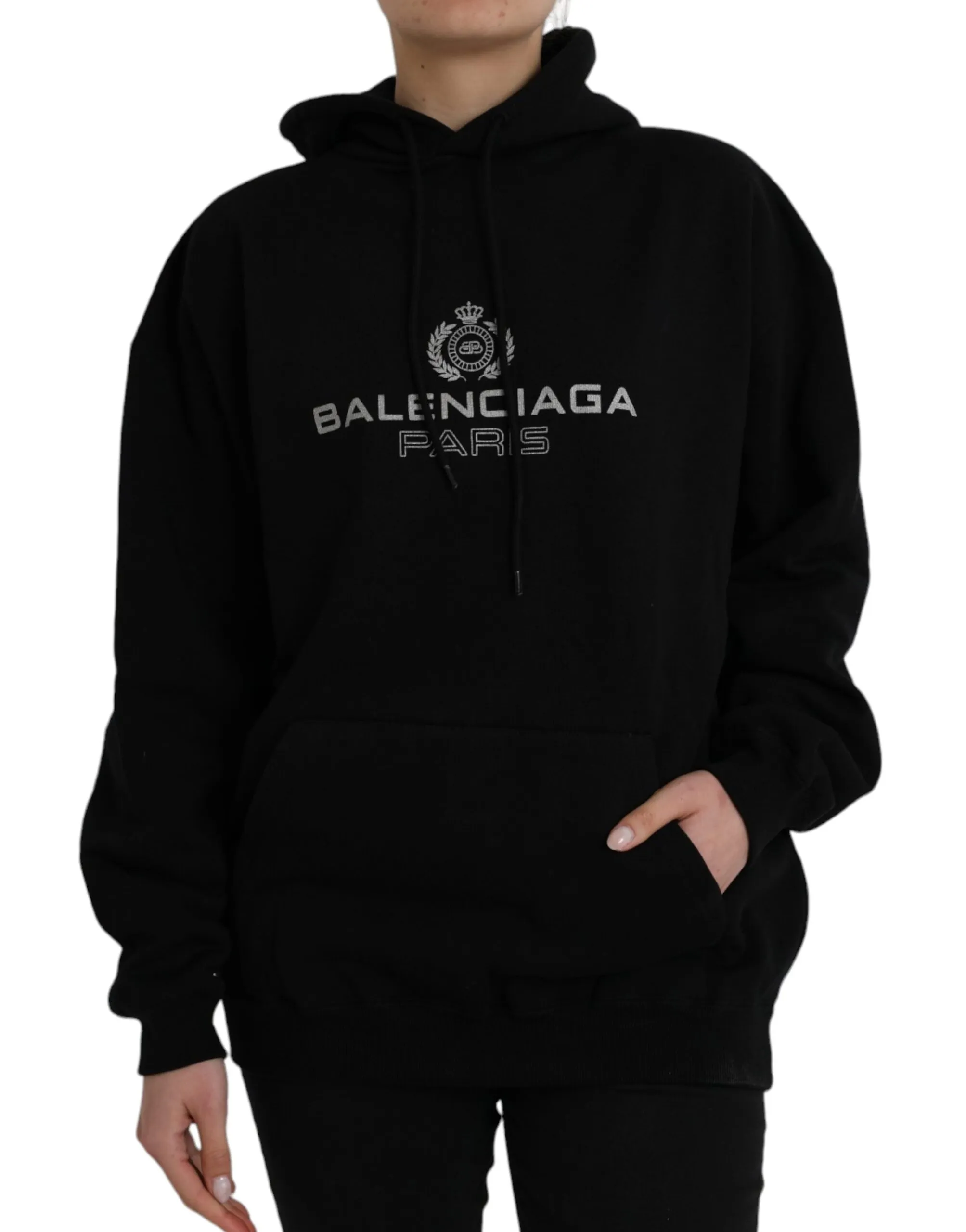 Balenciaga Women's Black Cotton Logo Hooded Pullover Sweatshirt Sweater