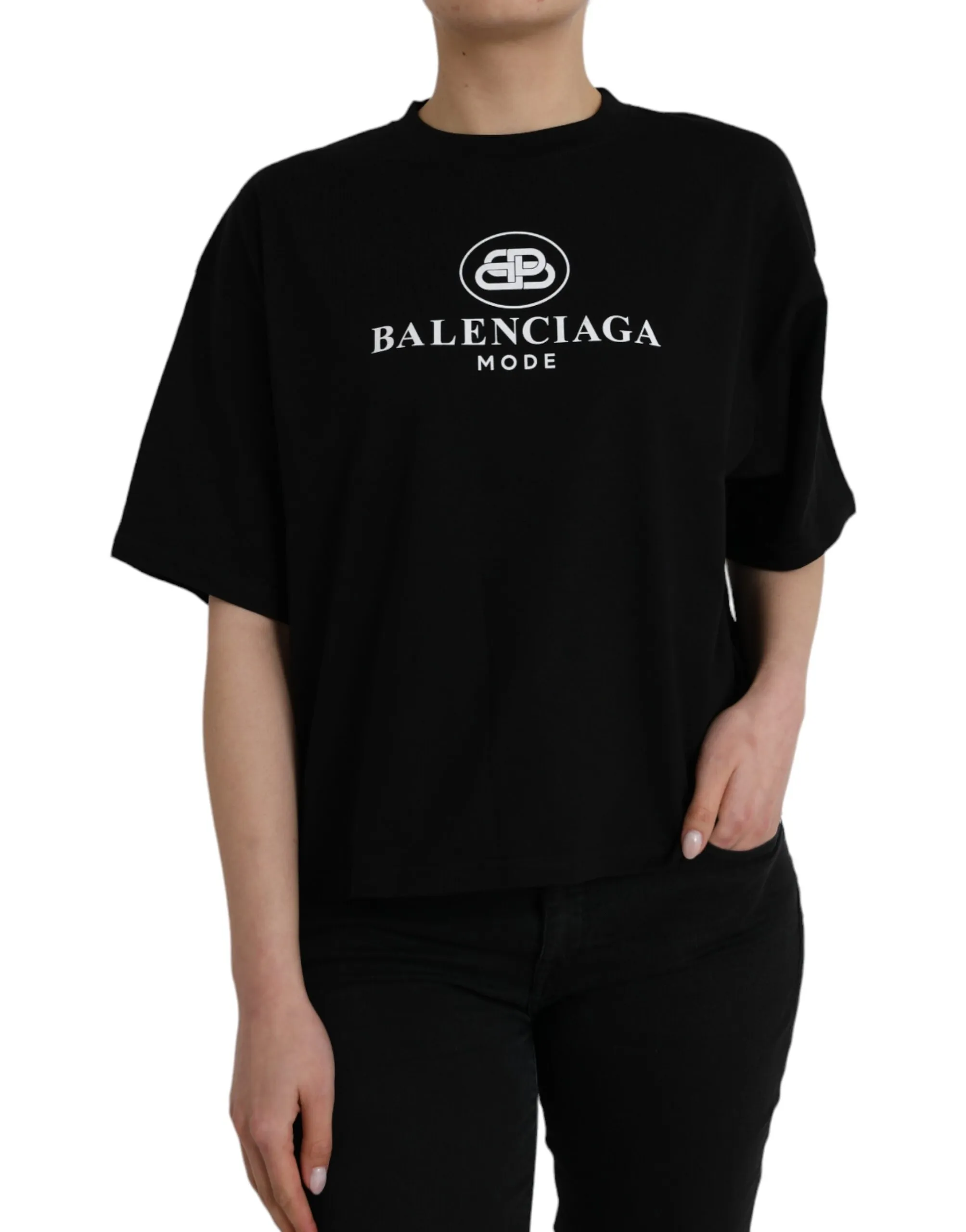 Balenciaga Women's Black Cotton Logo Crew Neck Short Sleeves T-shirt