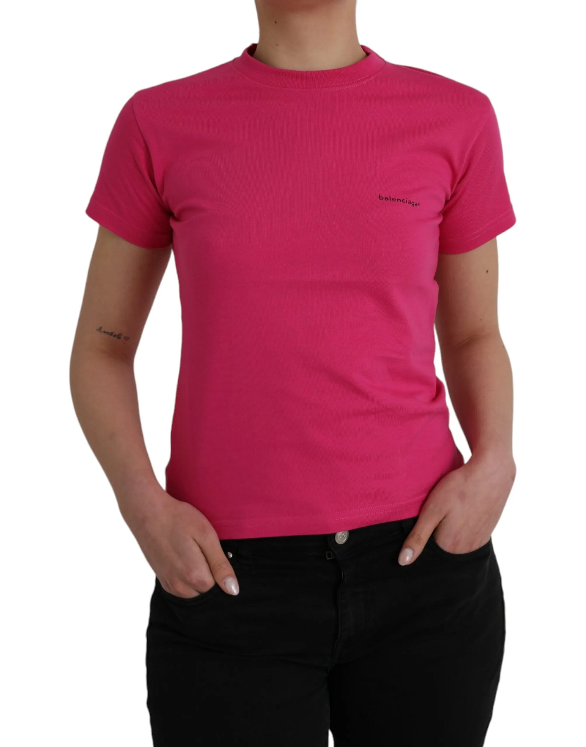 Balenciaga Women's Pink Cotton Crew Neck Short Sleeves Tee T-shirt