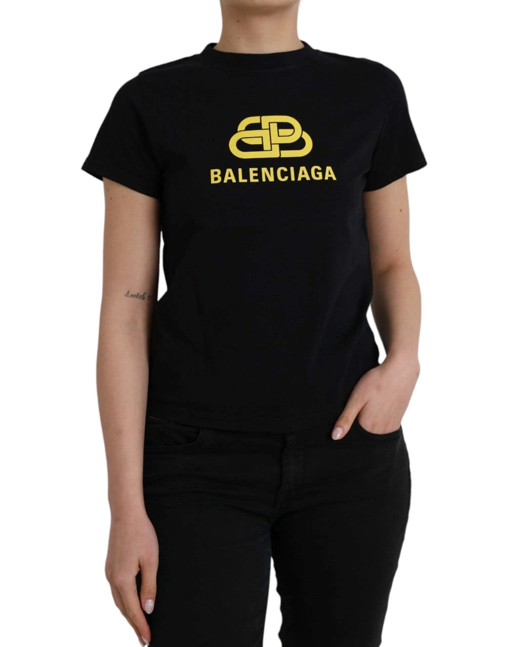 Balenciaga Women's Black Cotton Logo Print Crew Neck Short Sleeves T-shirt