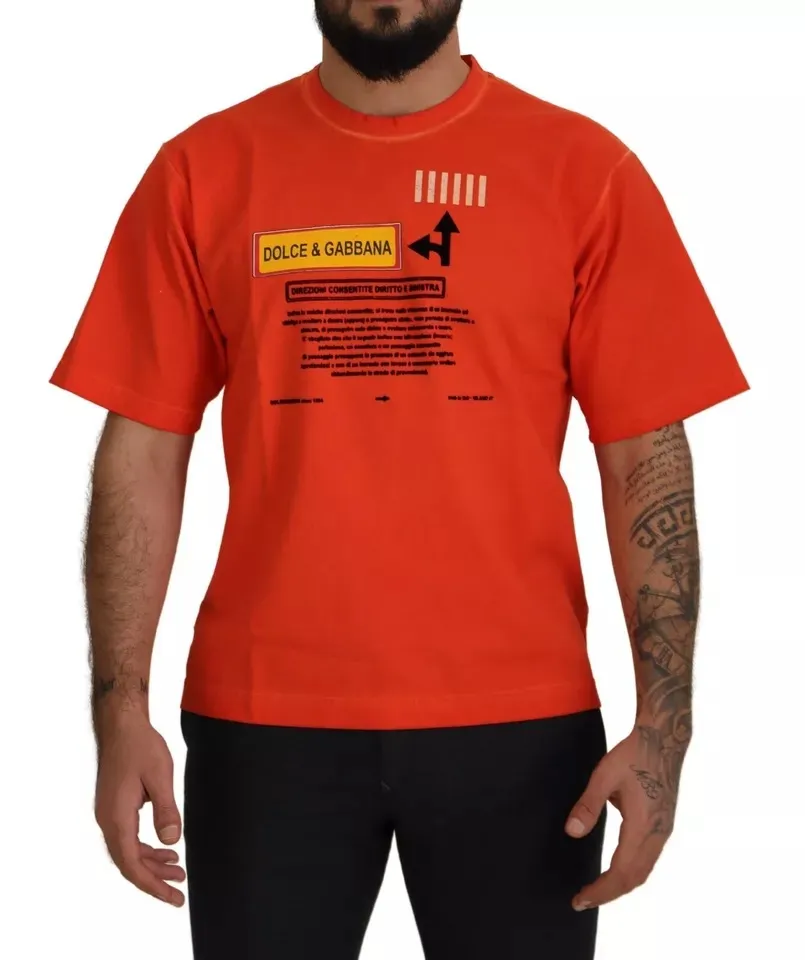 Dolce & Gabbana Men's Orange Logo Print Crewneck Cotton T-shirt