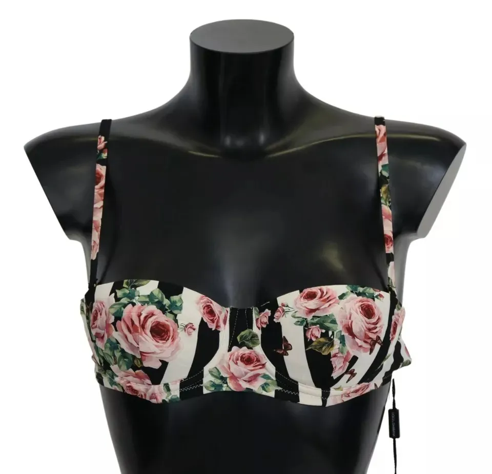 Dolce & Gabbana Women's Multicolor Striped Rose Print Swimwear Bikini Top