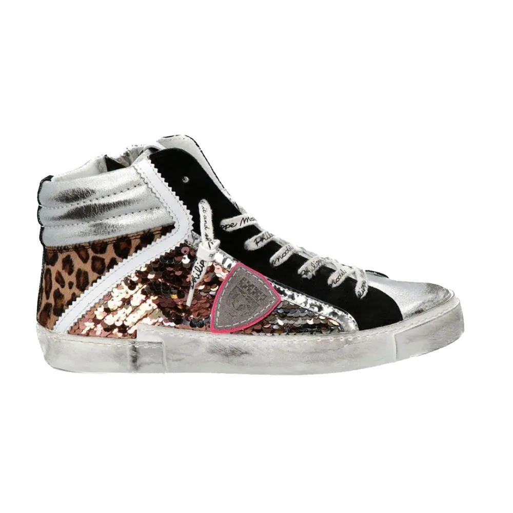 Philippe Model Women's Elegant Gray Leather Sneakers with Sequin Details