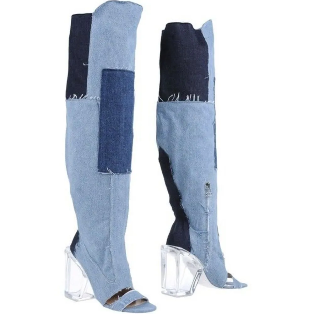 Off-White Women's Chic Vintage Denim & Transparent Heel Boots