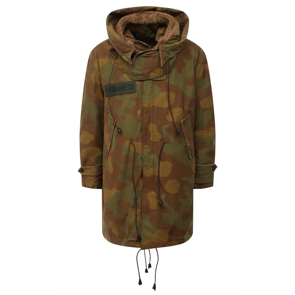 Dsquared² Men's Camo Textured Hooded Parka with Leather Details
