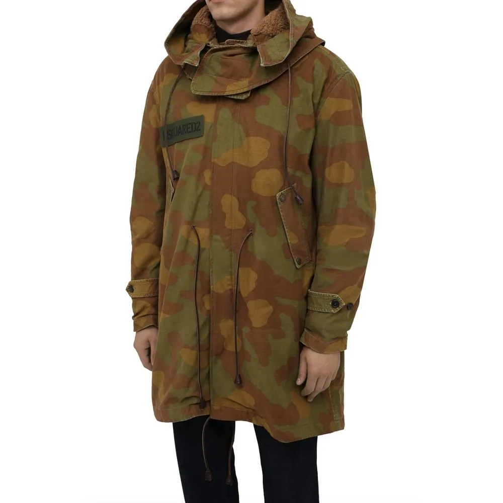 Dsquared² Men's Camo Textured Hooded Parka with Leather Details