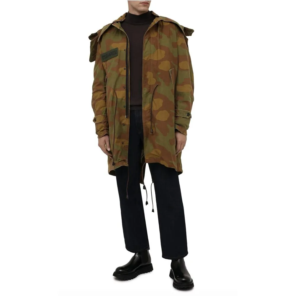 Dsquared² Men's Camo Textured Hooded Parka with Leather Details