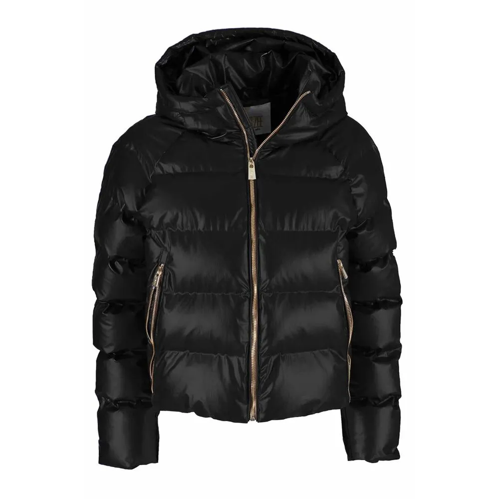 Yes Zee Women's Chic Black Hooded Jacket with Logo Detail