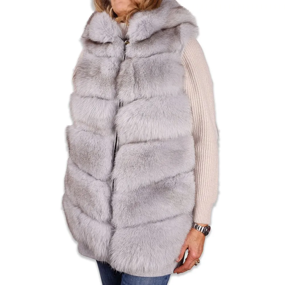Made in Italy Women's Sleeveless Luxury Wool Coat with Fox Fur Trim