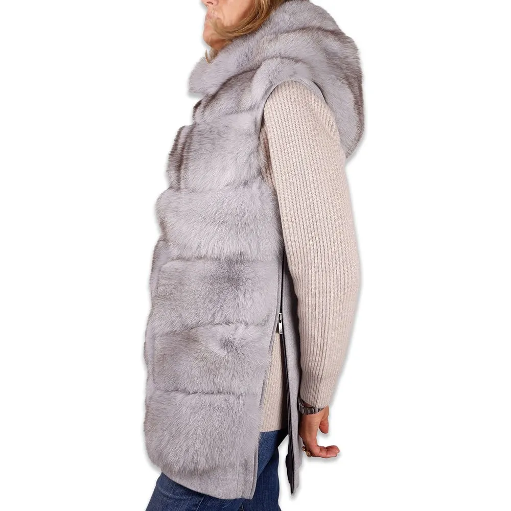Made in Italy Women's Sleeveless Luxury Wool Coat with Fox Fur Trim