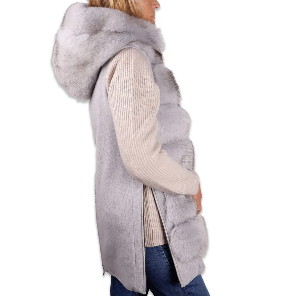 Made in Italy Women's Sleeveless Luxury Wool Coat with Fox Fur Trim