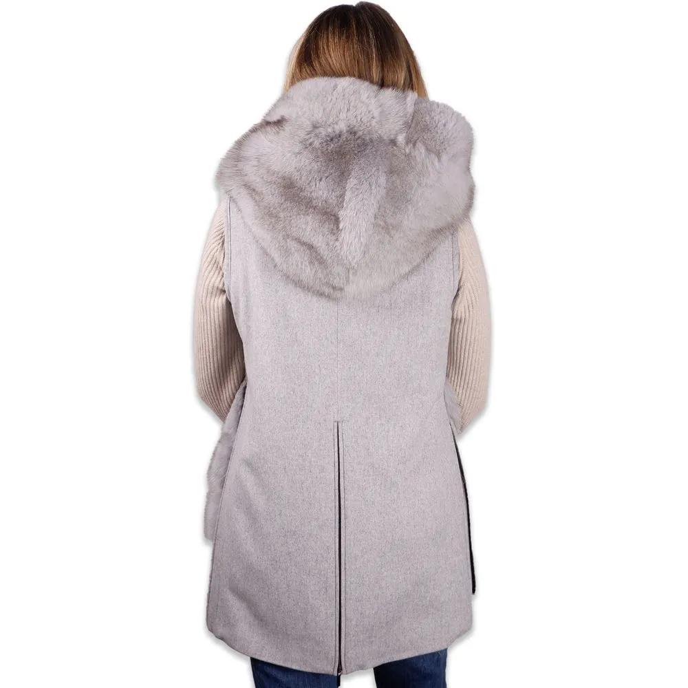 Made in Italy Women's Sleeveless Luxury Wool Coat with Fox Fur Trim