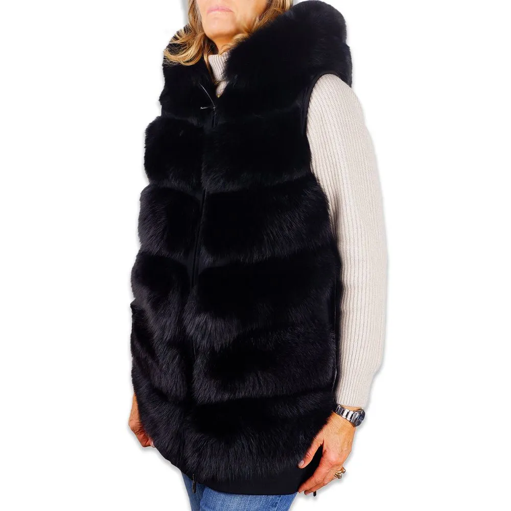 Made in Italy Women's Sleeveless Wool Coat with Fox Fur Trim
