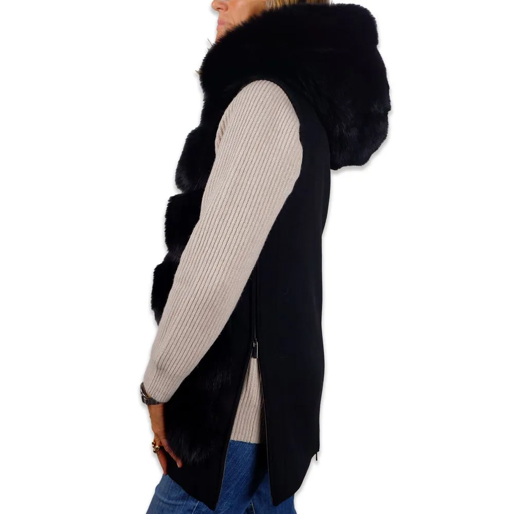 Made in Italy Women's Sleeveless Wool Coat with Fox Fur Trim