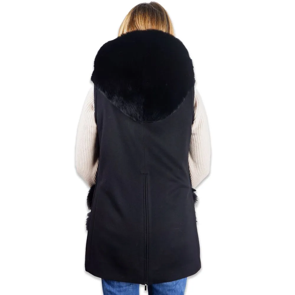 Made in Italy Women's Sleeveless Wool Coat with Fox Fur Trim