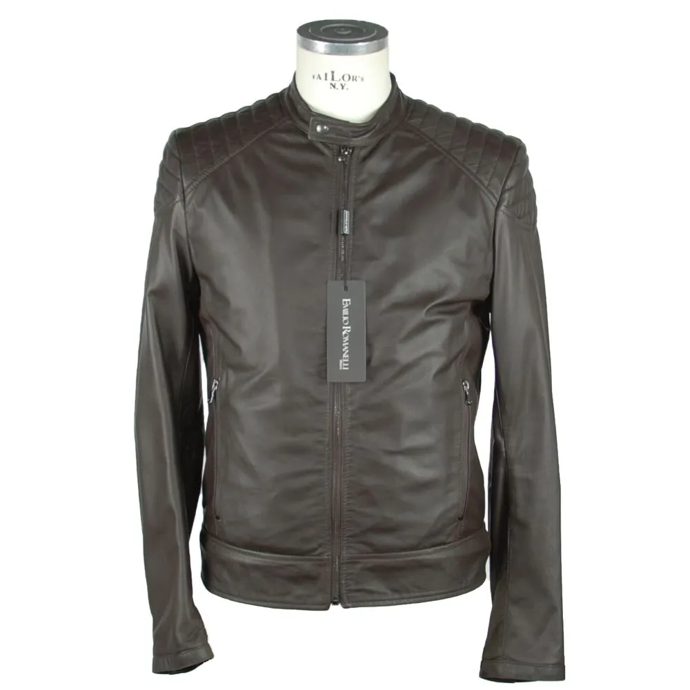 Emilio Romanelli Men's Elegant Brown Leather Zip Jacket