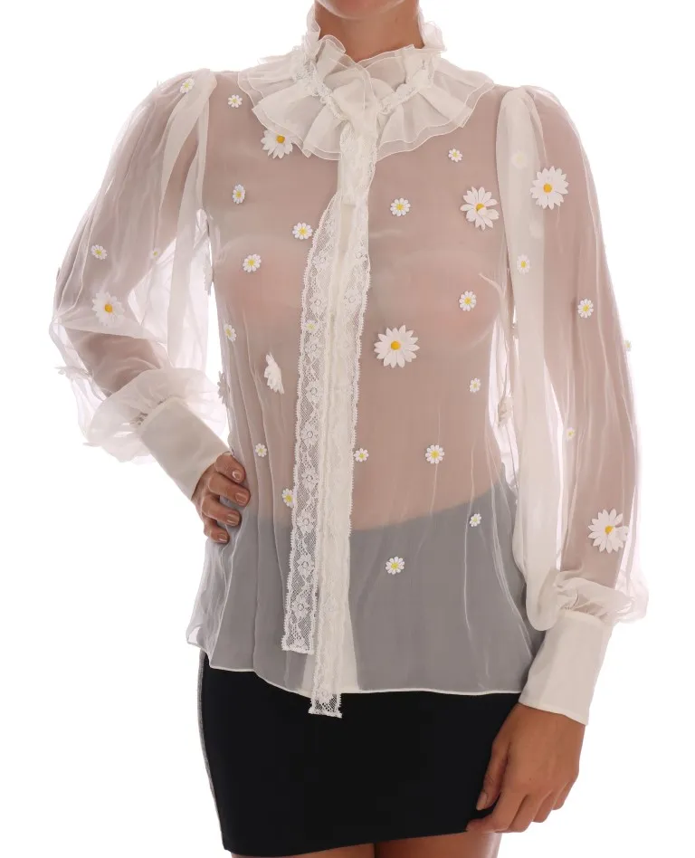 Dolce & Gabbana Women's Elegant White Silk Daisy Blouse