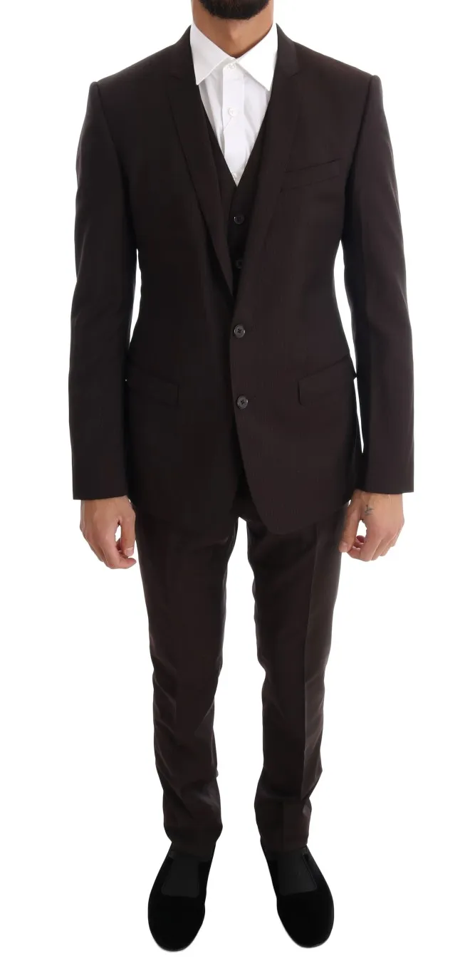Dolce & Gabbana Men's Elegant Brown Striped Three-Piece Wool Suit