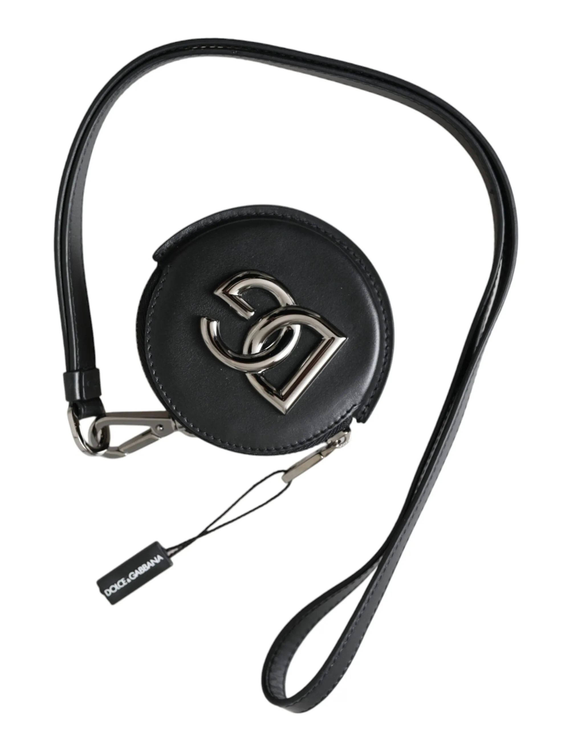 Dolce & Gabbana Men's Black Round Leather DG Logo Coin Purse Lanyard Wallet