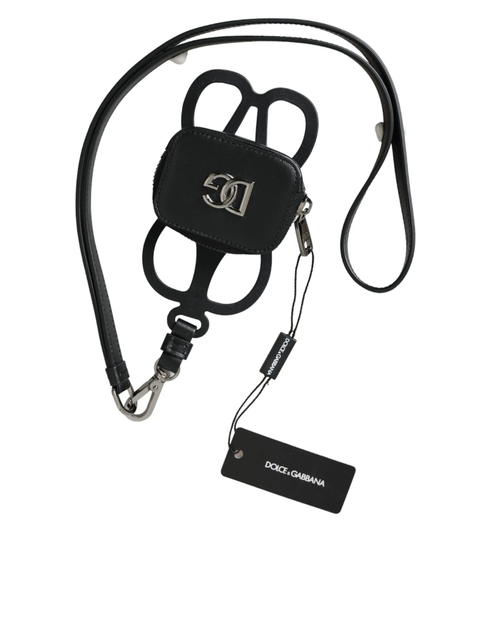 Dolce & Gabbana Men's Black Calfskin Leather DG Logo Coin Purse Lanyard Wallet