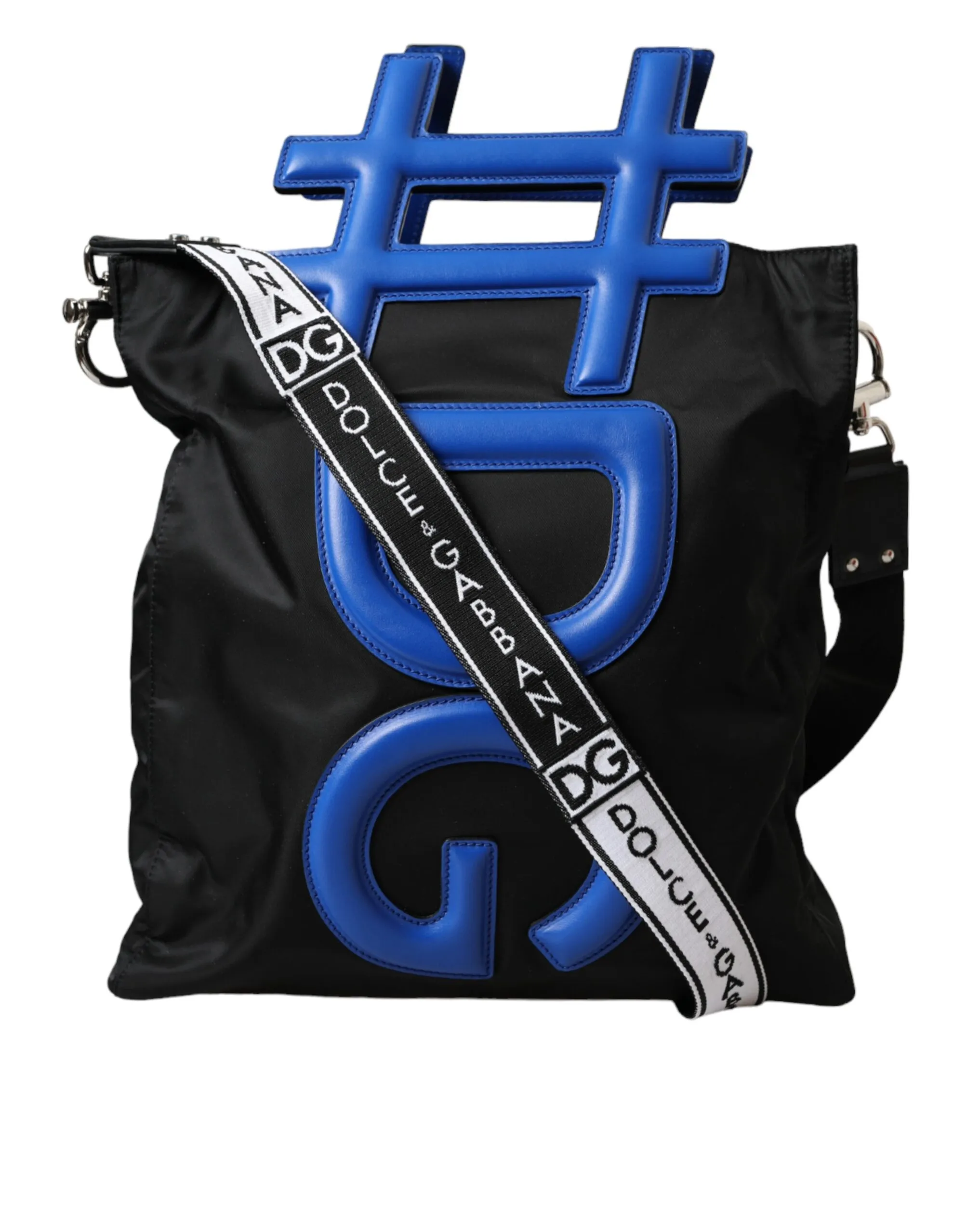Dolce & Gabbana Men's Black Nylon Blue Leather Hashtag Shopping Tote Bag