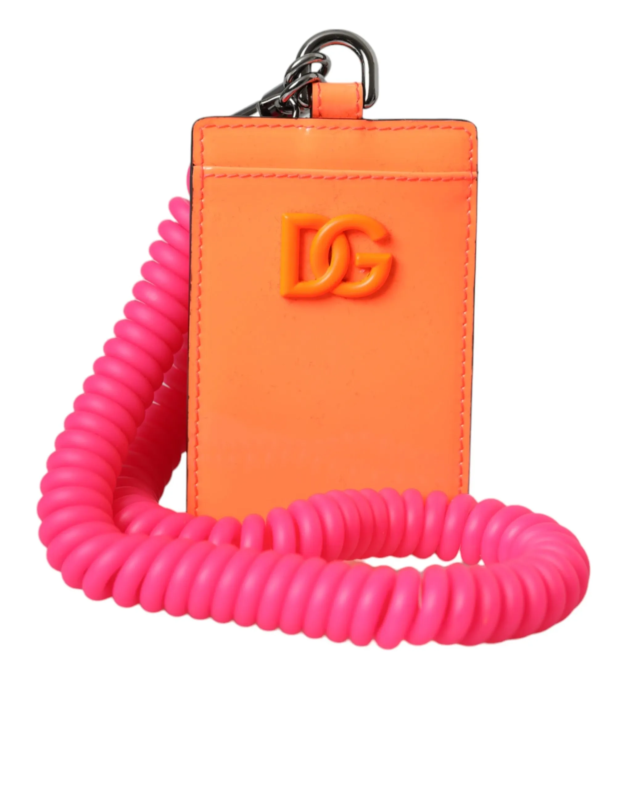 Dolce & Gabbana Women's Orange Pink Leather DG Logo Neck Strap Card Holder Wallet