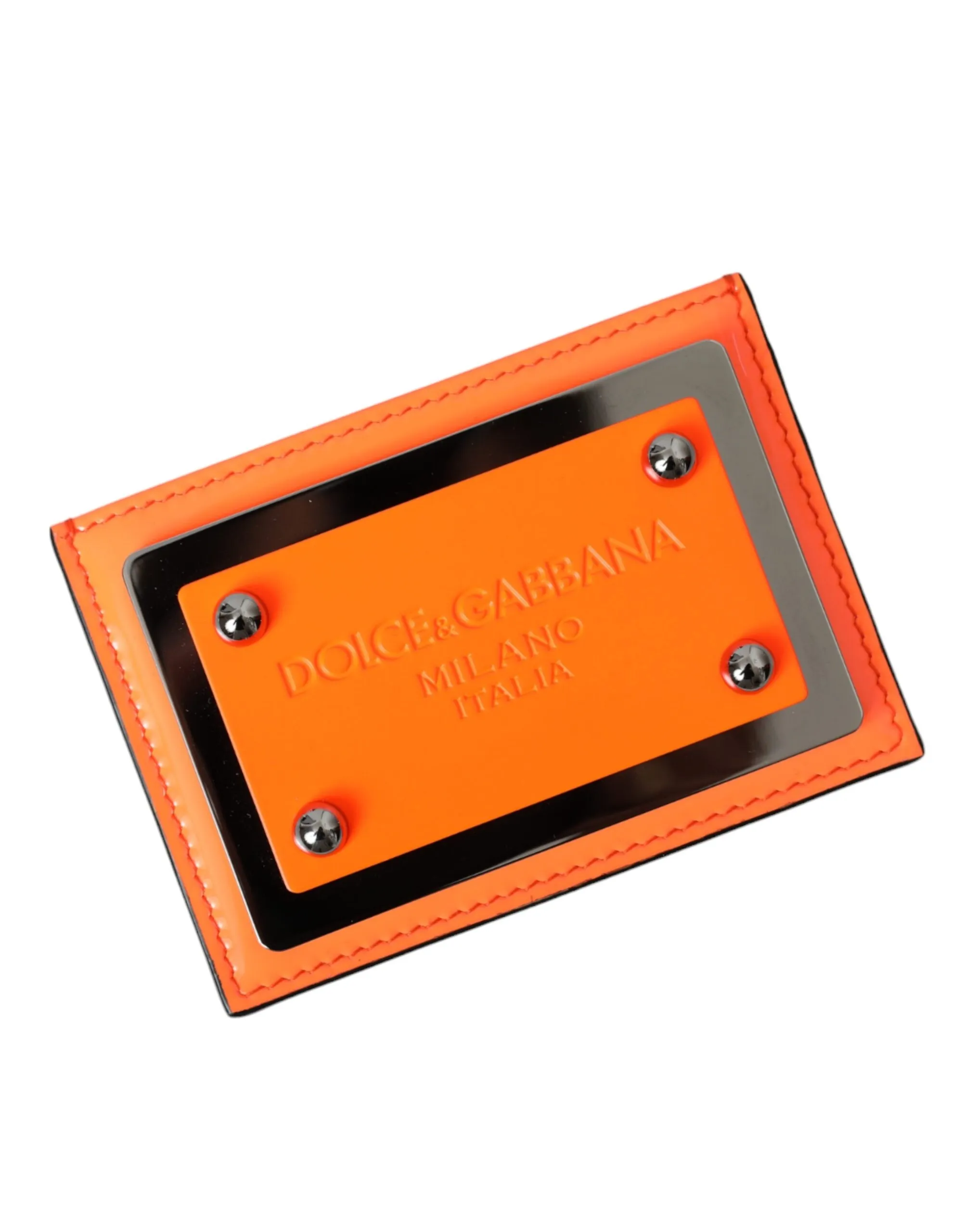 Dolce & Gabbana Men's Orange Black Leather Logo Plaque Card Holder Wallet