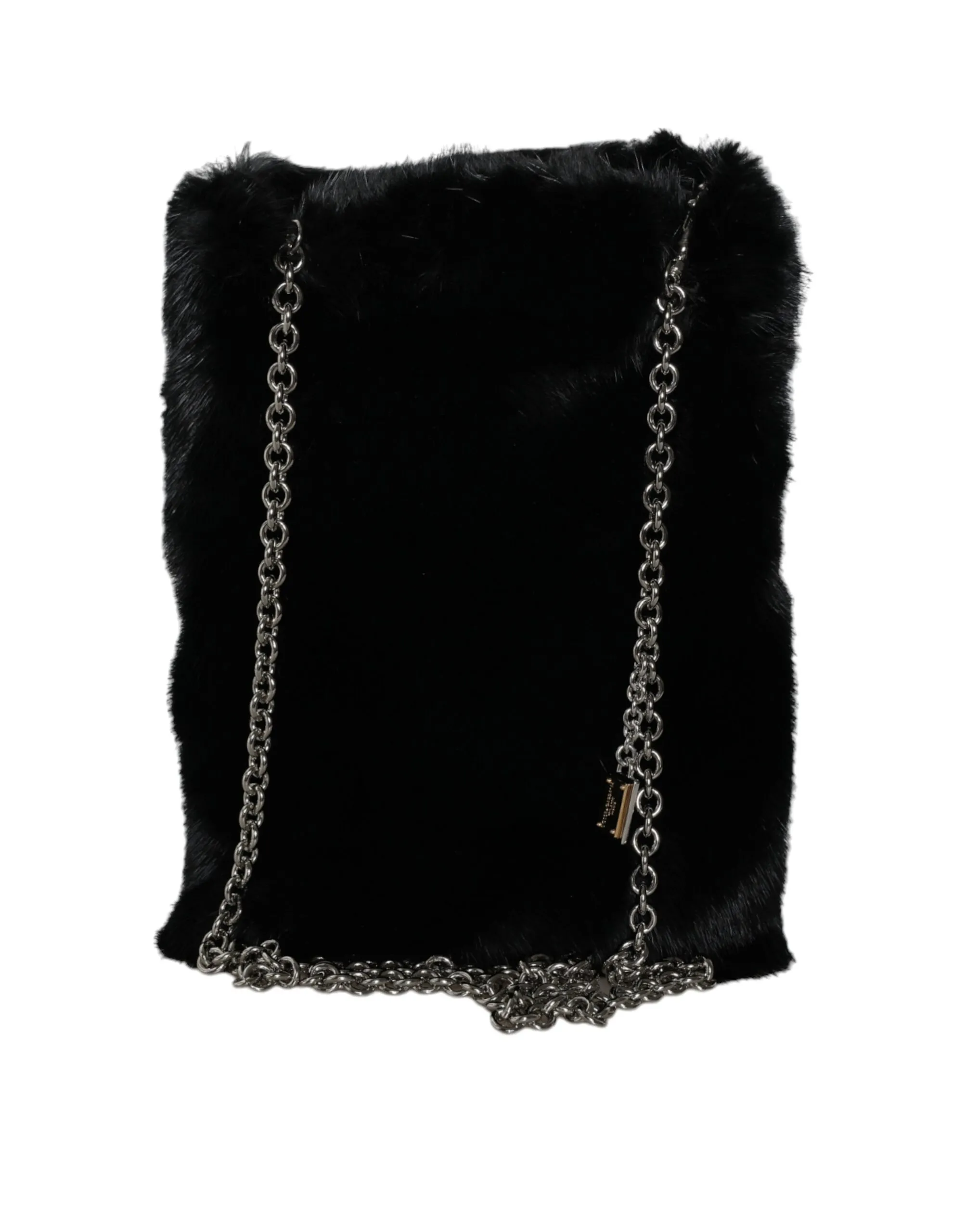 Dolce & Gabbana Women's Black Faux Fur Silver Chain Crossbody Shoulder Purse Bag