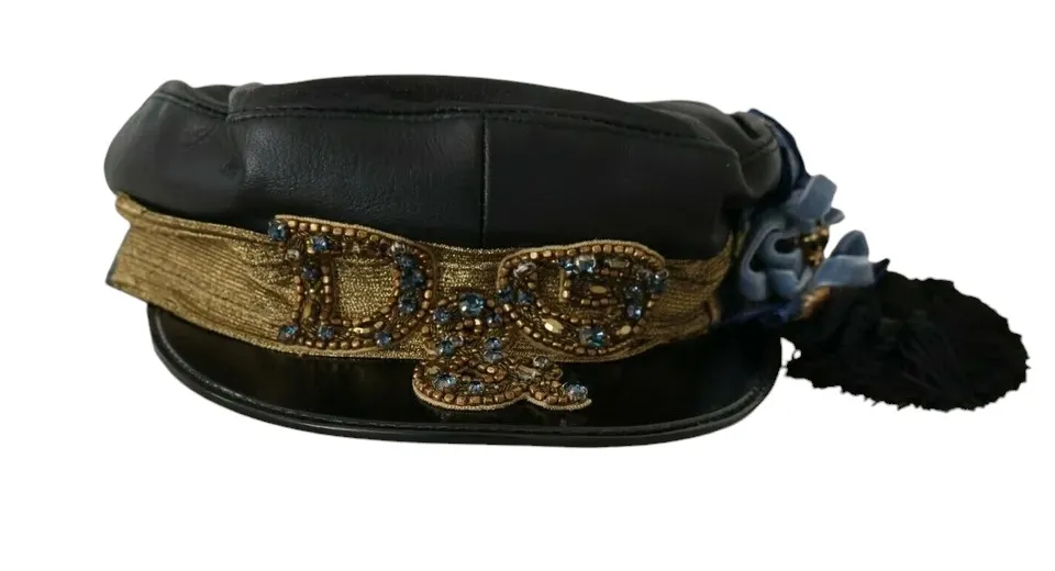 Dolce & Gabbana Women's Black Leather Crystal Beads Gold Ribbon Fiddler Cap