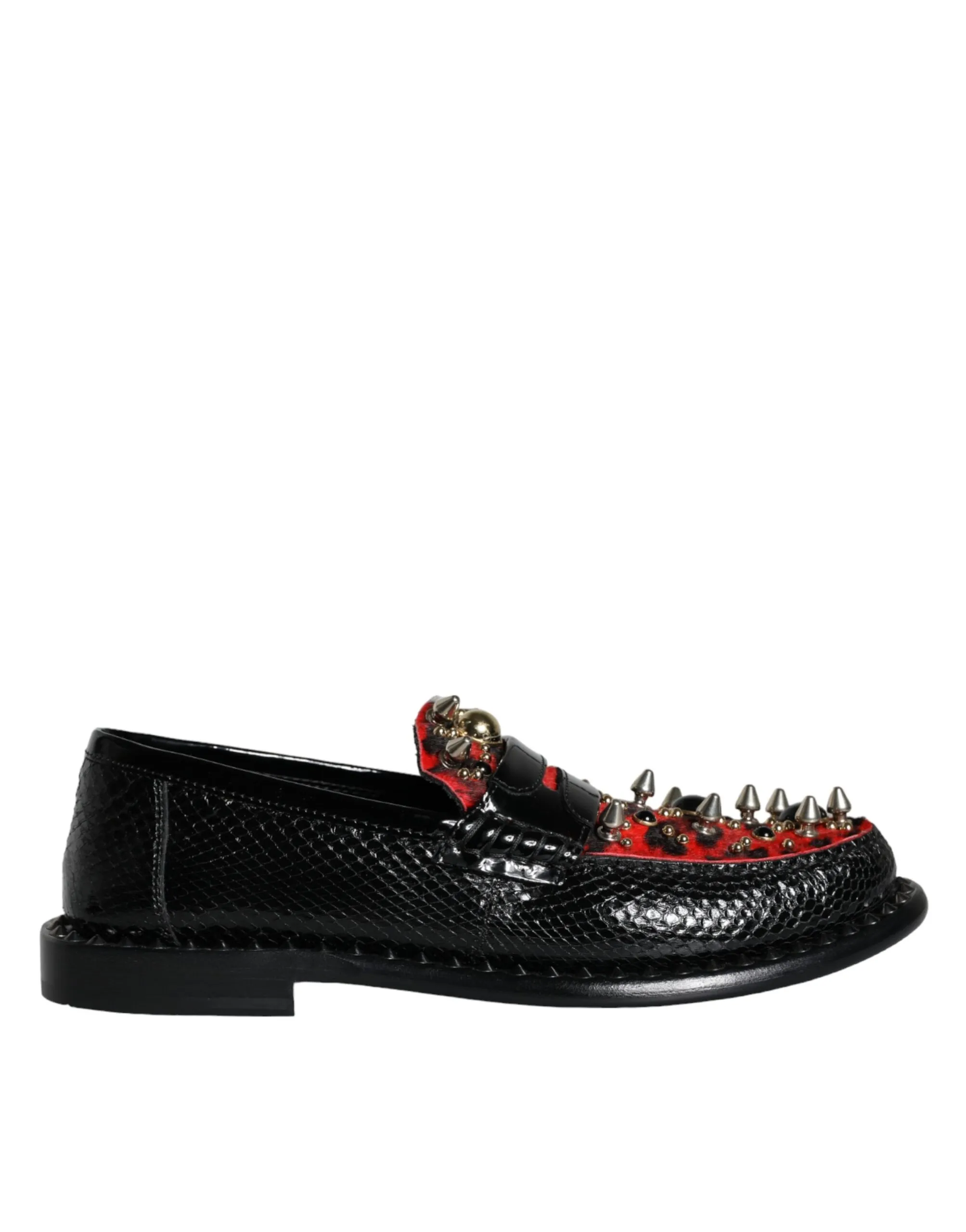 Dolce & Gabbana Men's Black Leopard Print Studs Leather Loafers Shoes