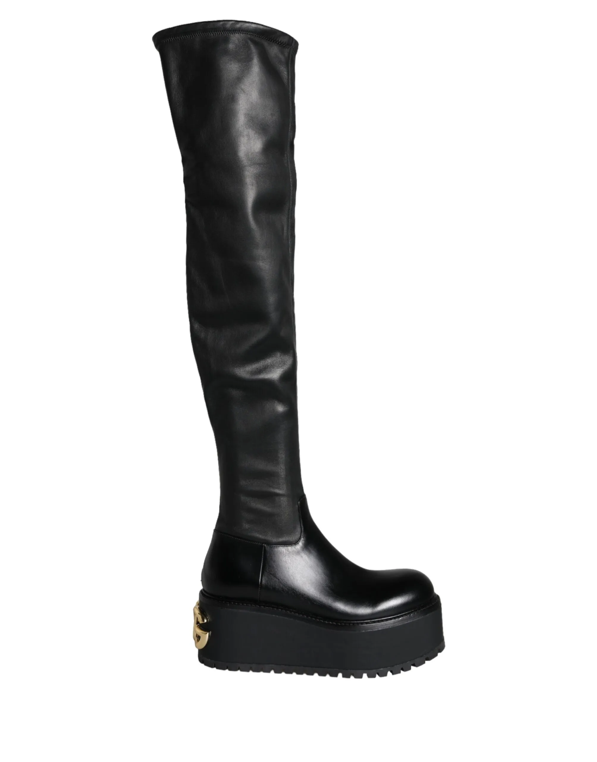 Dolce & Gabbana Women's Black Leather Logo Knee High Boots Shoes