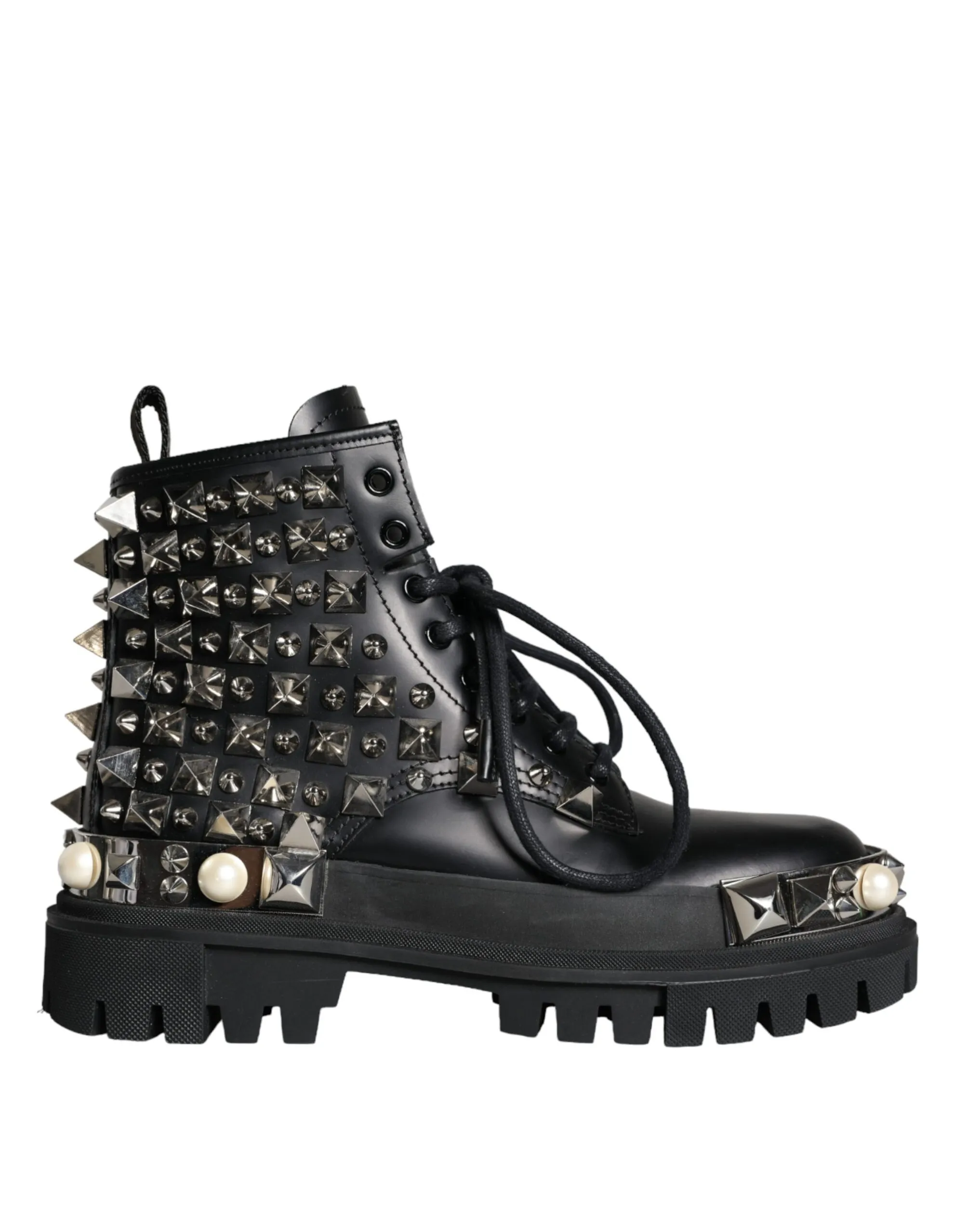 Dolce & Gabbana Women's Black Leather Studs Embellished Combat Boots Shoes