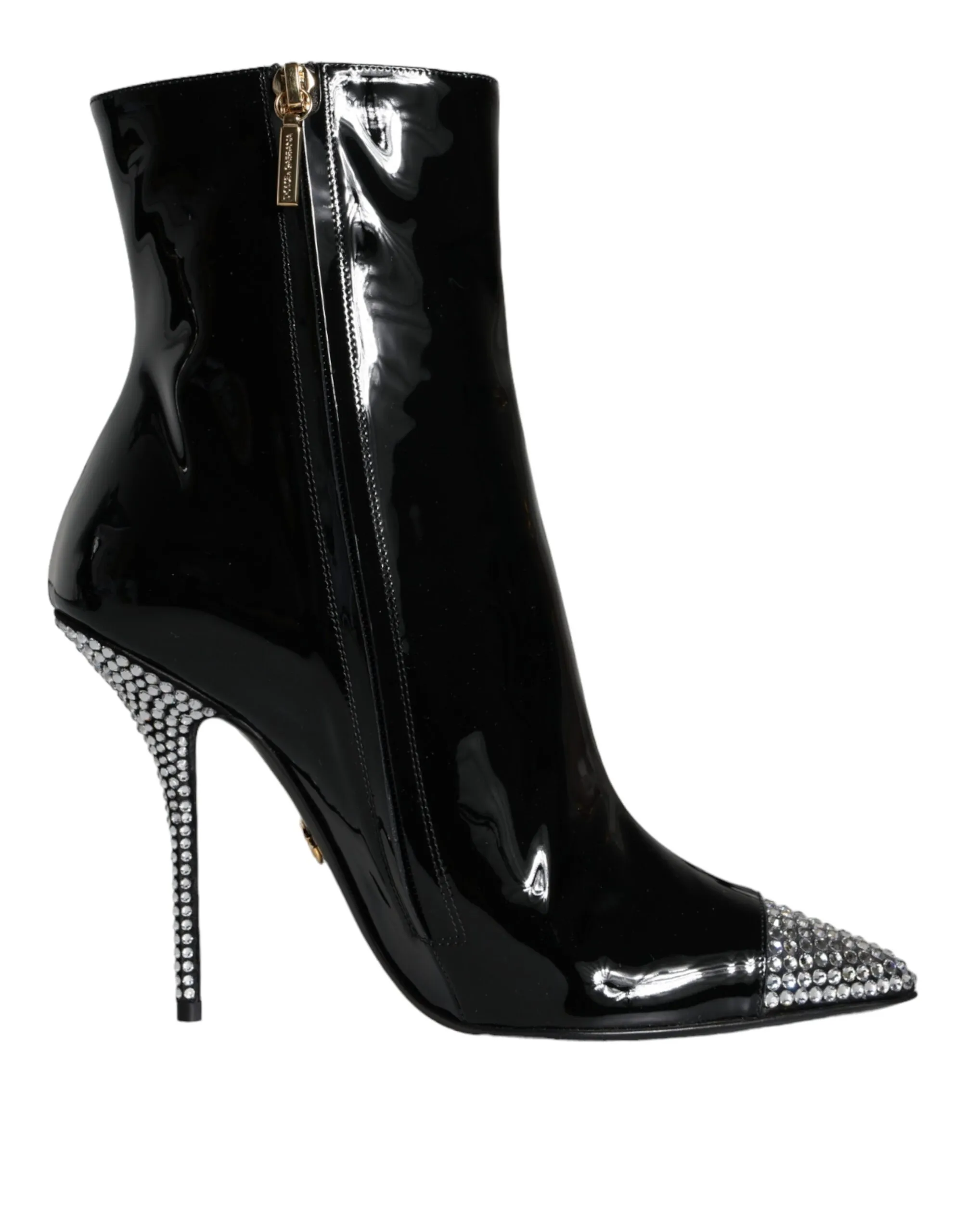 Dolce & Gabbana Women's Black Patent Leather Crystal Heel Boots Shoes