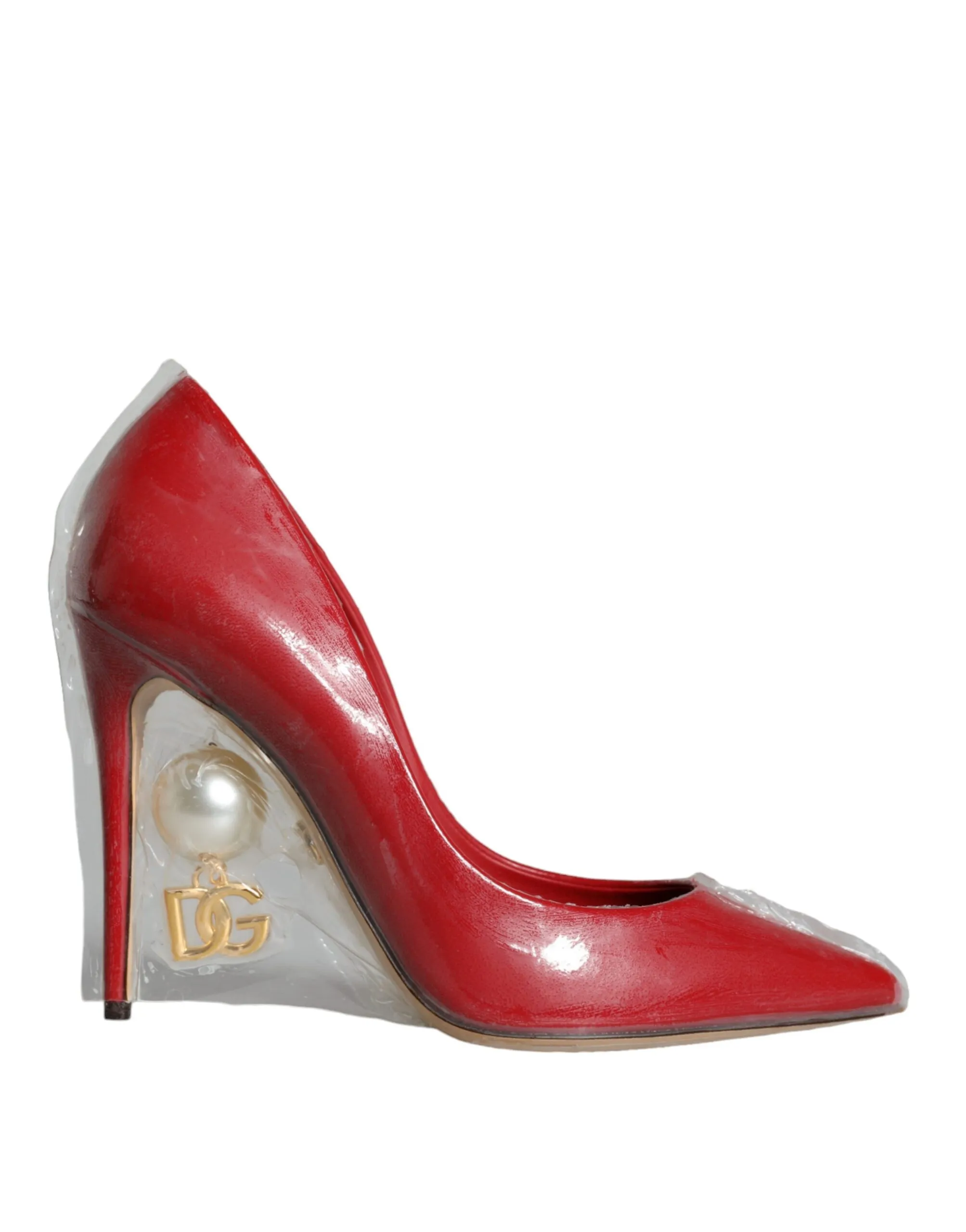 Dolce & Gabbana Women's Red Patent Leather Faux Pearl Heels Pumps Shoes