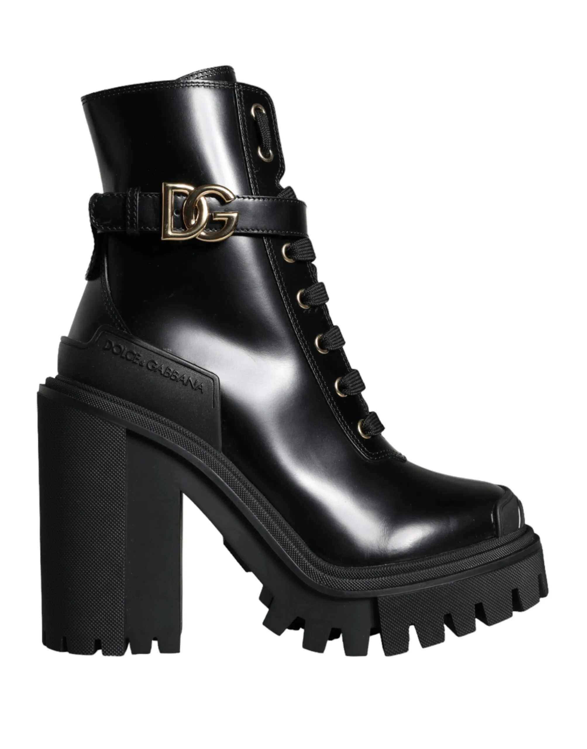 Dolce & Gabbana Women's Black Calf Leather Logo Trekking Biker Boots Shoes