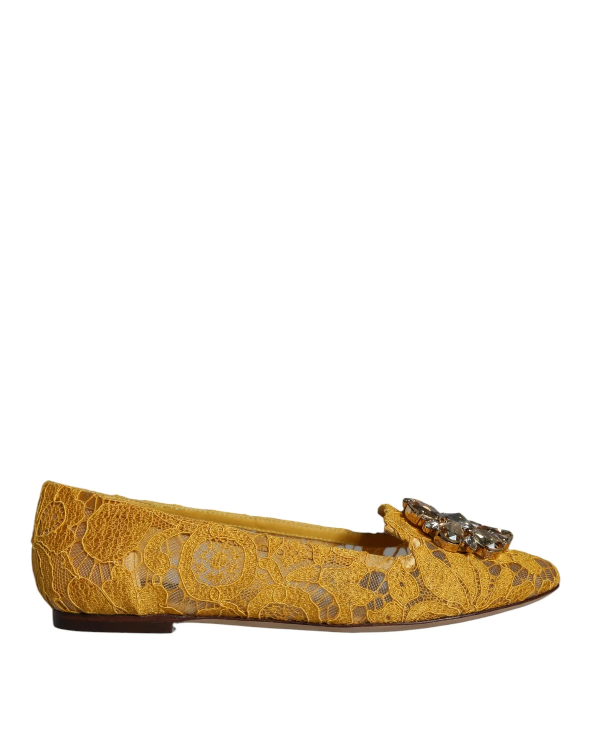 Dolce & Gabbana Women's Mustard Lace Crystal Ballet Flats Loafer Shoes